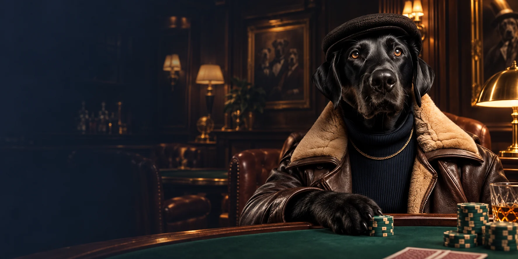 Labrador im dunklen Holzinterieur des SPINDOG-Clubs